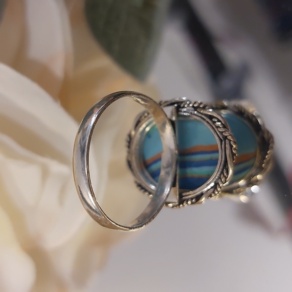 Rainbow Calsilica Stone 925 Silver Ring - Size 8 3/4 - Picture 5 of 7